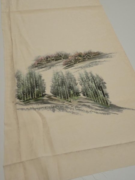 Photo2: 2i02z50  Japanese Kimono Silk  FABRIC Scenery Cream-White 40.9x14.2 (2)
