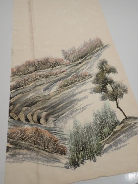 Photo2: 2i03z90  Japanese Kimono Silk  FABRIC Scenery Cream-White 69.3x14.2 (2)