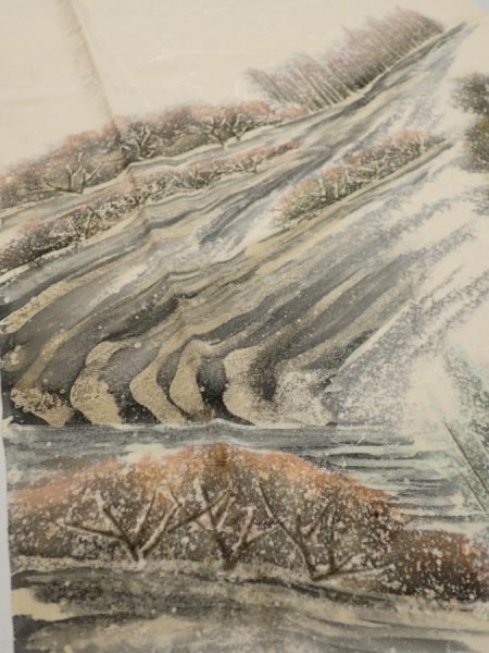 Photo5: 2i03z90  Japanese Kimono Silk  FABRIC Scenery Cream-White 69.3x14.2 (5)