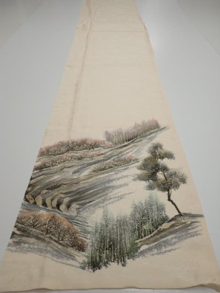 Photo6: 2i03z90  Japanese Kimono Silk  FABRIC Scenery Cream-White 69.3x14.2 (6)
