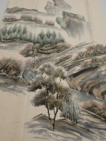 Photo1: 2i04z130  Japanese Kimono Silk  FABRIC Scenery Cream-White 52.8x17.7 (1)