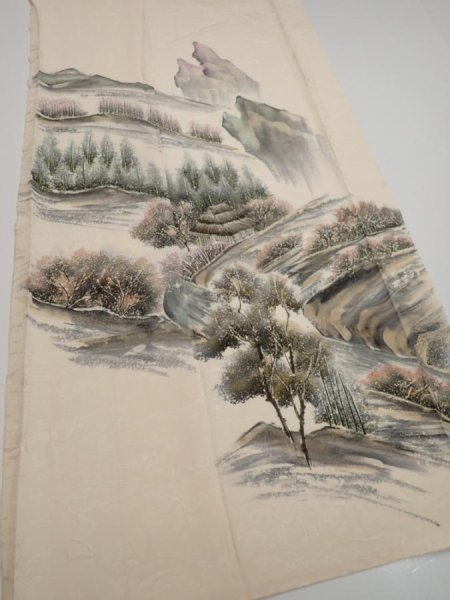 Photo2: 2i04z130  Japanese Kimono Silk  FABRIC Scenery Cream-White 52.8x17.7 (2)