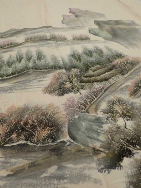 Photo4: 2i04z130  Japanese Kimono Silk  FABRIC Scenery Cream-White 52.8x17.7 (4)