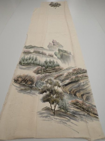 Photo6: 2i04z130  Japanese Kimono Silk  FABRIC Scenery Cream-White 52.8x17.7 (6)