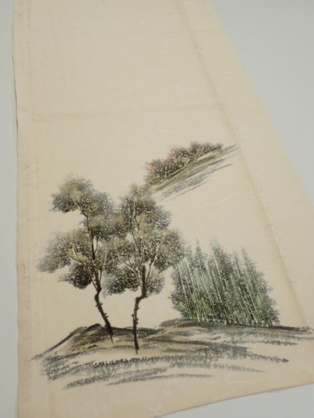 Photo2: 2i05z70  Japanese Kimono Silk  FABRIC Scenery Cream-White 56.7x14.2 (2)