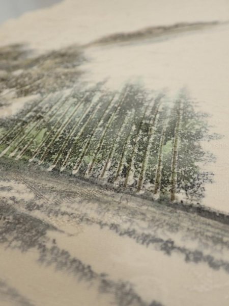 Photo3: 2i05z70  Japanese Kimono Silk  FABRIC Scenery Cream-White 56.7x14.2 (3)