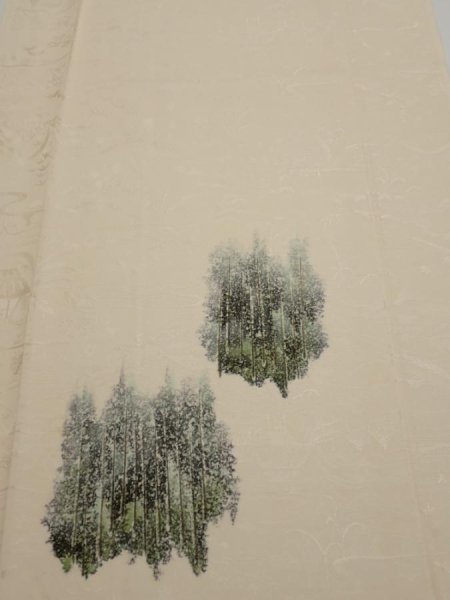 Photo1: 2i06z90  Japanese Kimono Silk  FABRIC Scenery Cream-White 69.7x14.4 (1)