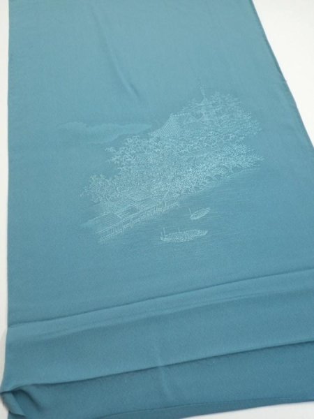Photo2: 2i01z60  Japanese Kimono Silk  FABRIC Edo era Blue-Gray 43.3x14.2 (2)