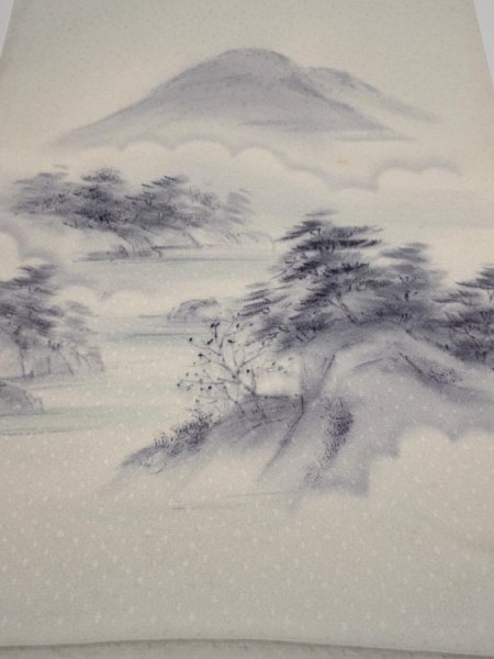 Photo1: 2i01z50  Japanese Kimono Silk  FABRIC Scenery Smoky-white 39.4x13.8 (1)