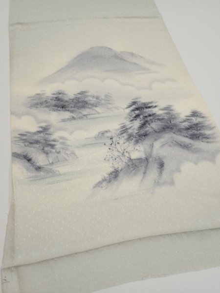 Photo2: 2i01z50  Japanese Kimono Silk  FABRIC Scenery Smoky-white 39.4x13.8 (2)