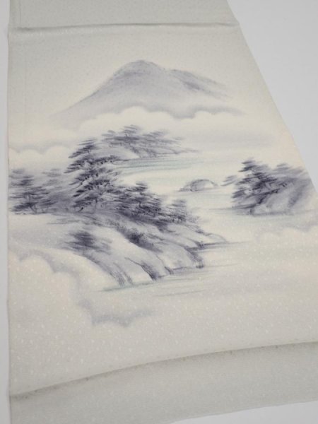 Photo2: 2i02z50  Japanese Kimono Silk  FABRIC Scenery Smoky-white 39.4x13.8 (2)