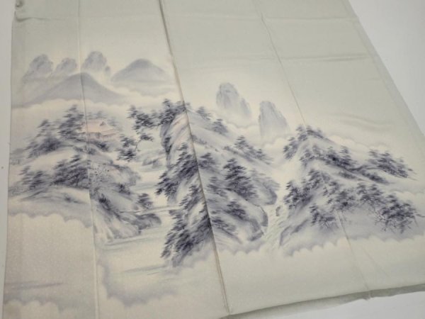 Photo2: 2i04z210  Japanese Kimono Silk  FABRIC Scenery Smoky-white 48.0x40.2 (2)