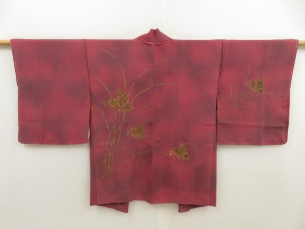 Photo1: 5416T04z560 Vintage Japanese Kimono Silk HAORI Butterfly Wine red (1)