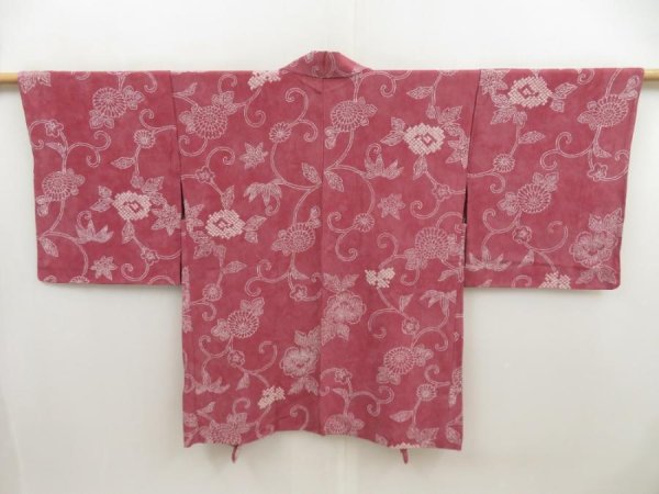 Photo1: 5416T06z520 Vintage Japanese Kimono Silk HAORI Flowers Wine red (1)