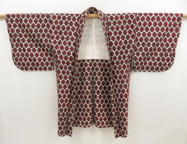 Photo6: 5416T07z380 Vintage Japanese Kimono Silk MEISEN HAORI Flower Dark red (6)