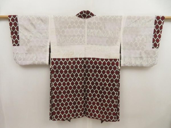 Photo7: 5416T07z380 Vintage Japanese Kimono Silk MEISEN HAORI Flower Dark red (7)