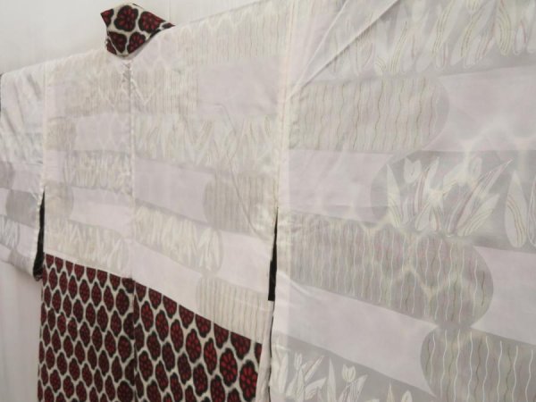 Photo8: 5416T07z380 Vintage Japanese Kimono Silk MEISEN HAORI Flower Dark red (8)