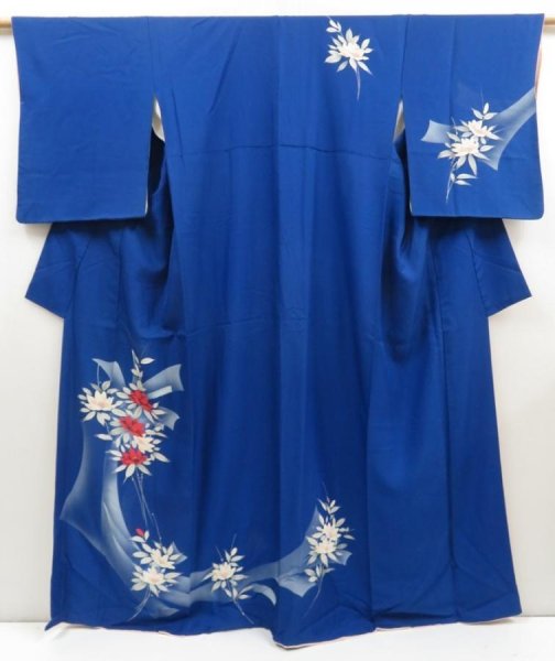 Photo1: 5416T10z890  Japanese Kimono Silk TSUKESAGE Flower Oriental blue (1)