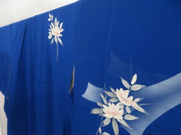 Photo2: 5416T10z890  Japanese Kimono Silk TSUKESAGE Flower Oriental blue (2)