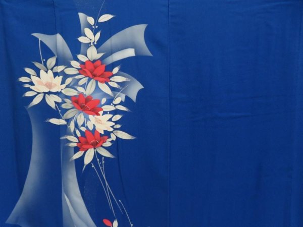 Photo6: 5416T10z890  Japanese Kimono Silk TSUKESAGE Flower Oriental blue (6)