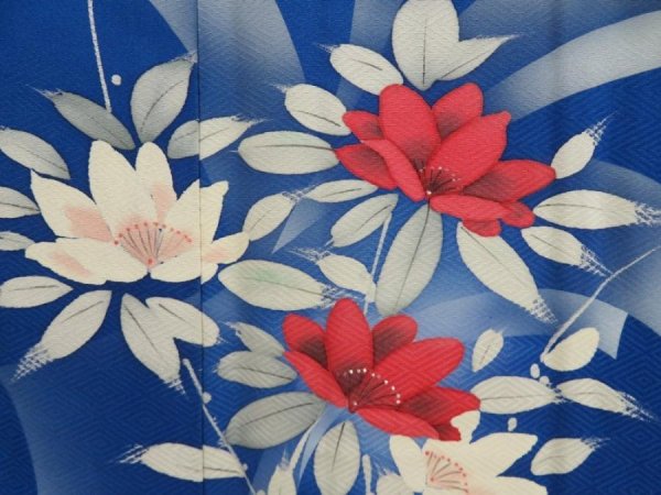 Photo7: 5416T10z890  Japanese Kimono Silk TSUKESAGE Flower Oriental blue (7)