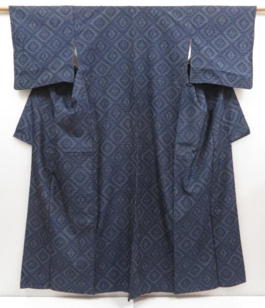 Photo1: 5416T12z720 Vintage Japanese Kimono Silk TSUMUGI  Navy (1)
