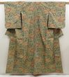 Photo1: 5416T13z670 Vintage Japanese Kimono Silk OSHIMA TSUMUGI Flowers Moss grey (1)