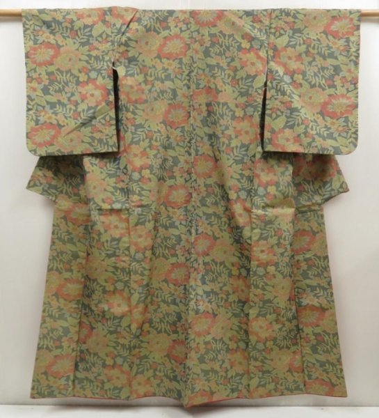 Photo1: 5416T13z670 Vintage Japanese Kimono Silk OSHIMA TSUMUGI Flowers Moss grey (1)