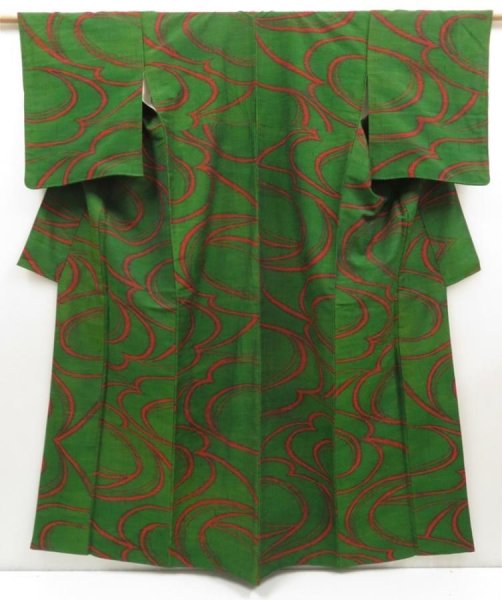 Photo1: 5417T01z810 Vintage Japanese Kimono Silk TSUMUGI Stream Green (1)