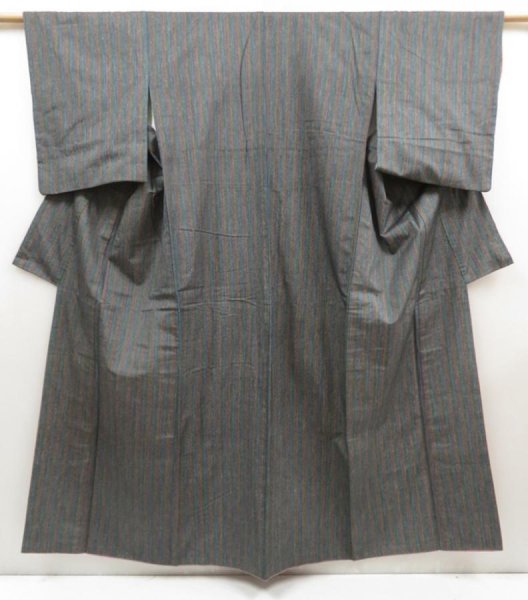 Photo1: 5417T02z870 Vintage Japanese Kimono Silk TSUMUGI  Steel blue (1)