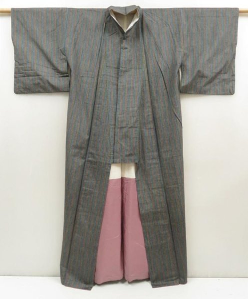 Photo8: 5417T02z870 Vintage Japanese Kimono Silk TSUMUGI  Steel blue (8)