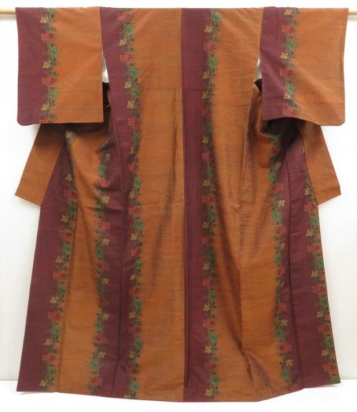 Photo1: 5417T03z840 Vintage Japanese Kimono Silk TSUMUGI Flower Dark orange (1)