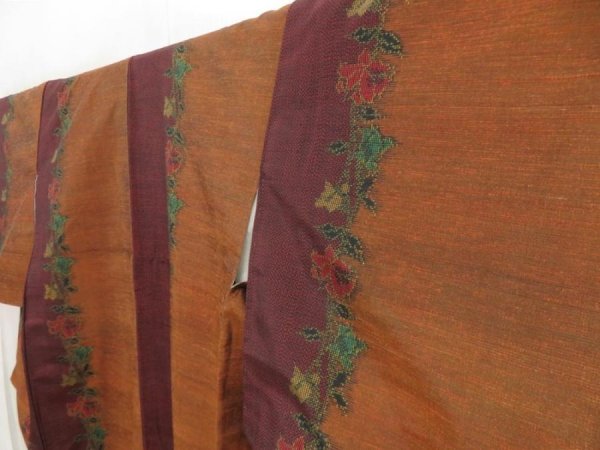 Photo2: 5417T03z840 Vintage Japanese Kimono Silk TSUMUGI Flower Dark orange (2)