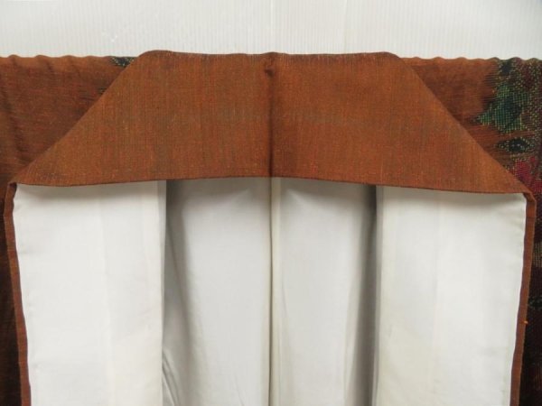 Photo7: 5417T03z840 Vintage Japanese Kimono Silk TSUMUGI Flower Dark orange (7)