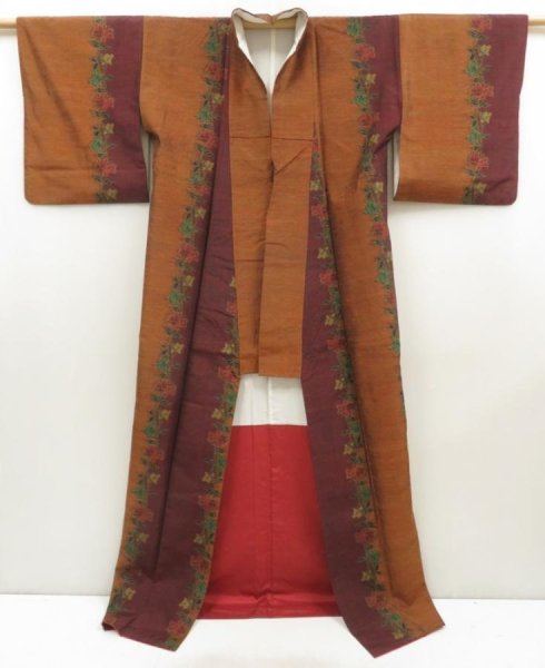 Photo8: 5417T03z840 Vintage Japanese Kimono Silk TSUMUGI Flower Dark orange (8)