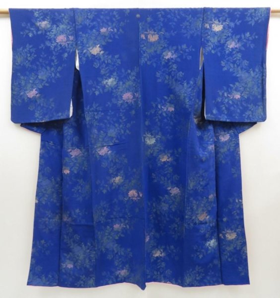 Photo1: 5417T04z920 Vintage Japanese Kimono Silk KOMON Flower Oriental blue (1)