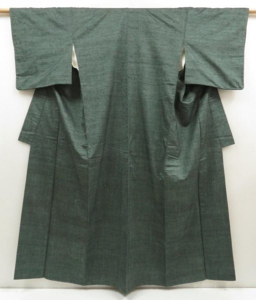 Photo1: 5417T05z810 Vintage Japanese Kimono Silk TSUMUGI Plain Green-Gray (1)