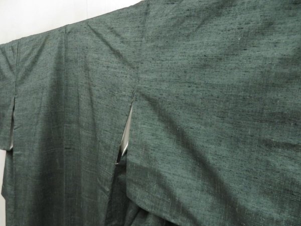 Photo2: 5417T05z810 Vintage Japanese Kimono Silk TSUMUGI Plain Green-Gray (2)