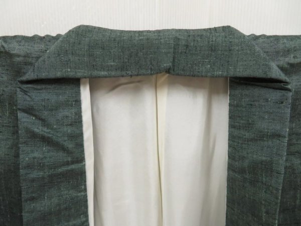Photo7: 5417T05z810 Vintage Japanese Kimono Silk TSUMUGI Plain Green-Gray (7)