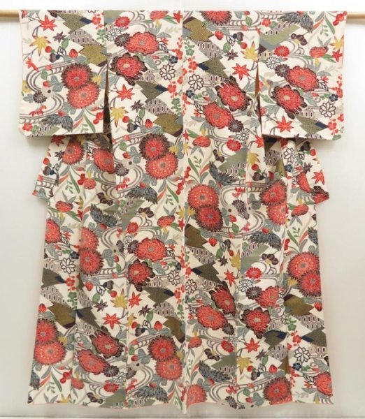 Photo1: 5417T06z860 Vintage Japanese Kimono Silk KOMON Peony Off-white (1)