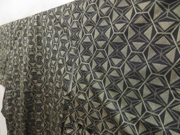 Photo2: 5417T07z660 Vintage Japanese Kimono Silk TSUMUGI  Black (2)