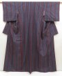 Photo1: 5417T11z810 Vintage Japanese Kimono Silk TSUMUGI Stripe Dark navy (1)