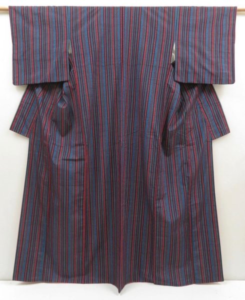 Photo1: 5417T11z810 Vintage Japanese Kimono Silk TSUMUGI Stripe Dark navy (1)