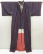 Photo8: 5417T11z810 Vintage Japanese Kimono Silk TSUMUGI Stripe Dark navy (8)