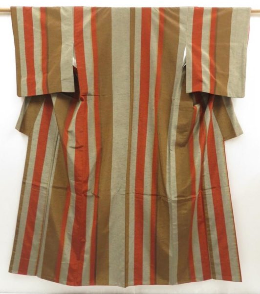 Photo1: 5417T12z910 Vintage Japanese Kimono Silk TSUMUGI Stripe Light brown (1)