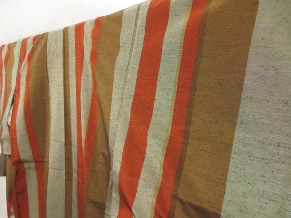 Photo2: 5417T12z910 Vintage Japanese Kimono Silk TSUMUGI Stripe Light brown (2)