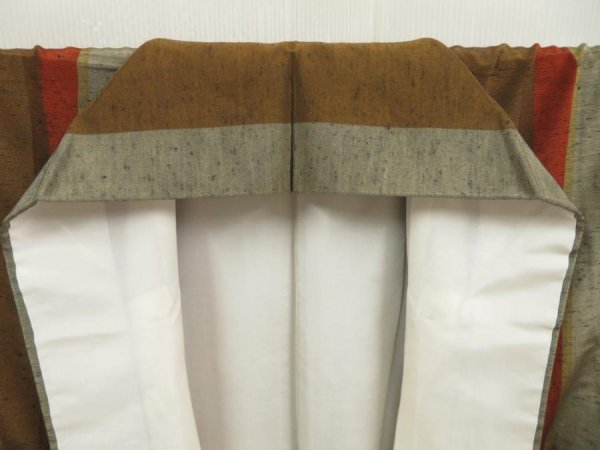 Photo7: 5417T12z910 Vintage Japanese Kimono Silk TSUMUGI Stripe Light brown (7)