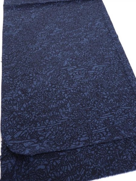 Photo2: 3H01z60  Japanese Kimono Silk  FABRIC Flowers Indigo 44.9x14.8 (2)