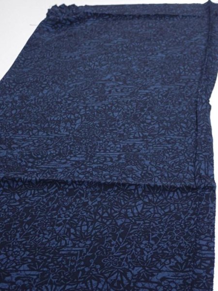 Photo3: 3H01z60  Japanese Kimono Silk  FABRIC Flowers Indigo 44.9x14.8 (3)