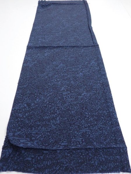 Photo5: 3H01z60  Japanese Kimono Silk  FABRIC Flowers Indigo 44.9x14.8 (5)